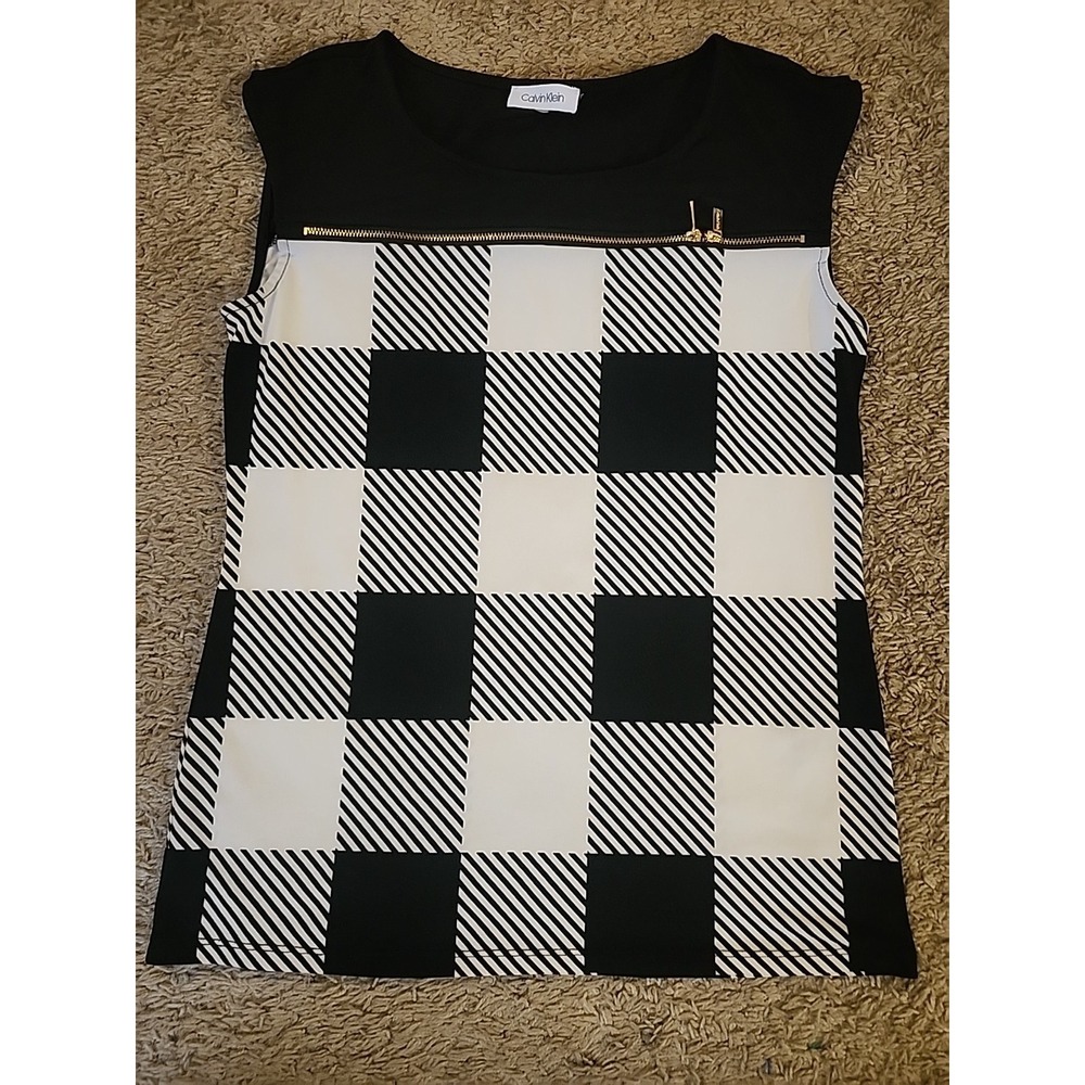 Calvin Klein Black / White Sleeveless Blouse Size Medium Gold Zipper Embellished